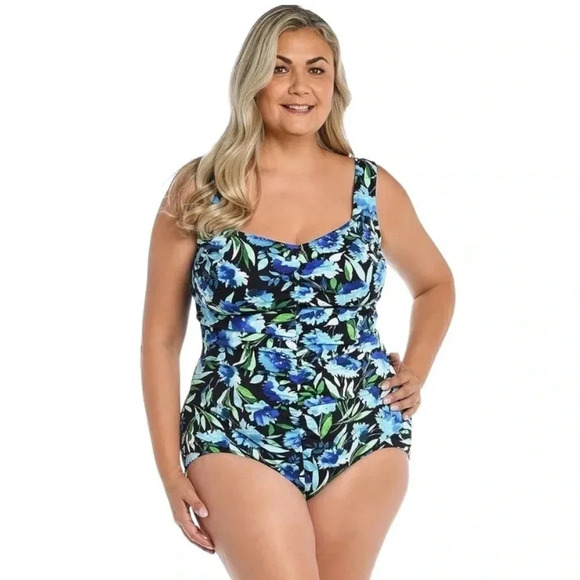 MAXINE OF HOLLYWOOD | Women's Shirred Girl Leg One Piece Swimsuit Plus Size 22W - Picture 1 of 10